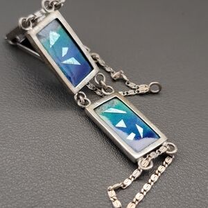 Vintage Sterling Silver & Blue Enamel Bracelet | Mid Century Modern Panel Link